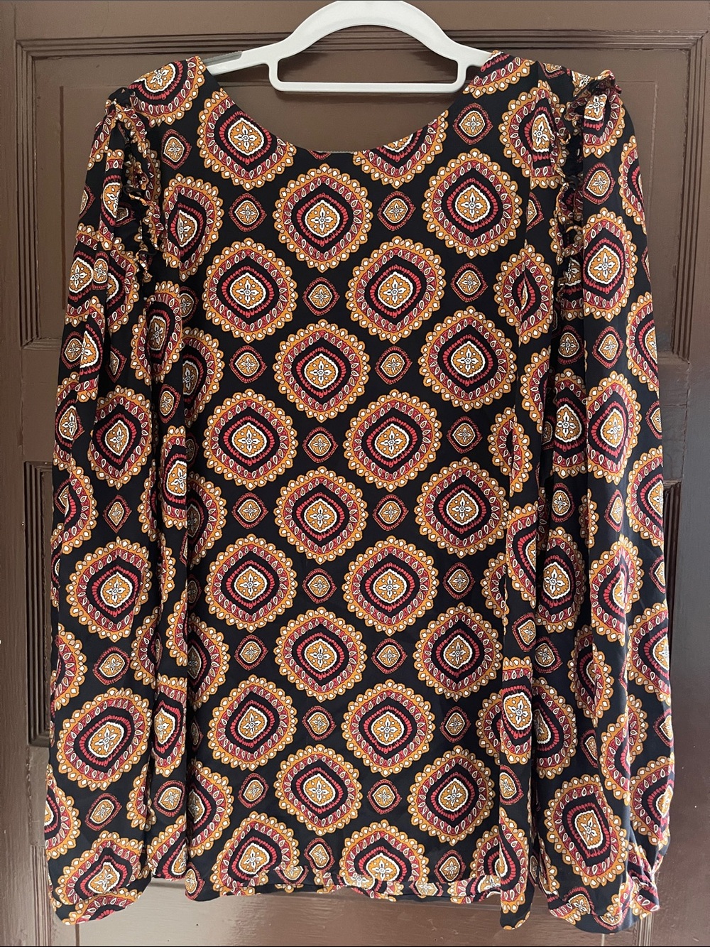XL Long Sleeve blouse in Black with Red & Gold Medallion Print
